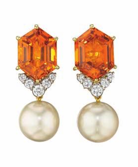 34 35 PROPERTY OF A LADY 34 A Pair of Citrine, Cultured Pearl and Diamond Earclips MARLENE STOWE Each designed as a hexagonal citrine surmount, accented with circular-cut diamonds, suspending a