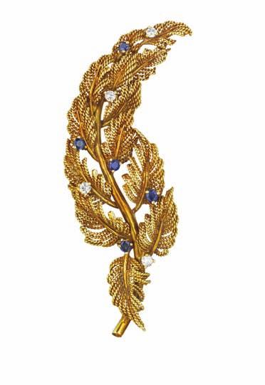 45 47 46 46 A Turquoise, Diamond and Sapphire Earclips and Brooch DAVID WEBB Comprising a brooch, designed as a textured gold foliate cluster, centering upon a row of