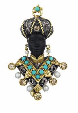 48 49 50 PROPERTY OF A LADY 48 A Ruby, Opal and Cultured Pearl Blackamoor Brooch NARDI Designed as a blackamoor with a carved ebony head, wearing a textured and braided gold turban enhanced by a