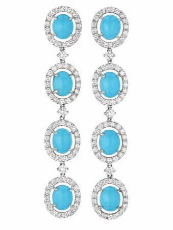 124 125 126 124 A Pair of Turquoise and Diamond Ear Pendants Each suspending a line of cabochon Persian turquoise, within a circular cut dimaond surround, accented by circular-cut diamond spacers,