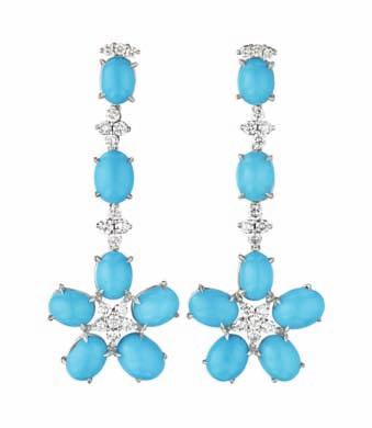 Estimate $14,000-18,000 126 A Pair of Turquoise and Diamond Ear Pendants Each suspending a cabochon Persian turquoise and circular-cut diamond floret, from a line of Persian cabochon turquoise and