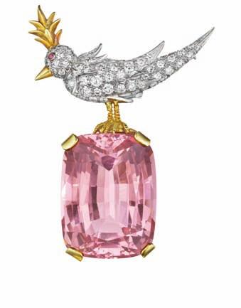 133 134 135 133 A Kunzite, Diamond and Ruby Bird on a Rock Brooch SCHLUMBERGER FOR TIFFANY & CO.