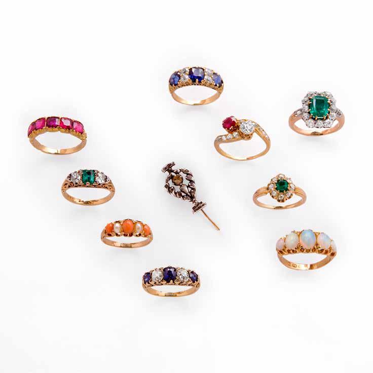 Five stone ruby ring rubies certificated Burmese no heat treatment circa 1870 Victorian sapphire & diamond seven stone ring circa 1880 Emerald & diamond cluster ring circa 1900 Victorian ruby &