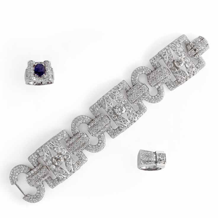 Diamond bracelet total estimated diamond weight = 36 carats circa 1930 Art deco sapphire & diamond ring