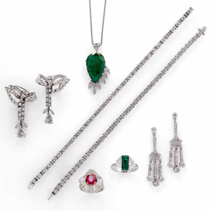 Emerald & diamond pendant emerald estimated weight = 14.67 carats Pear shaped diamond drop earrings pear shaped stones certificated D, 1.30 carats & E, 1.