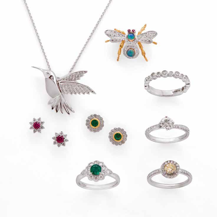 Opal & diamond bee brooch Diamond set hummingbird pendant Diamond set half eternity ring Emerald & diamond cluster earrings Diamond single stone