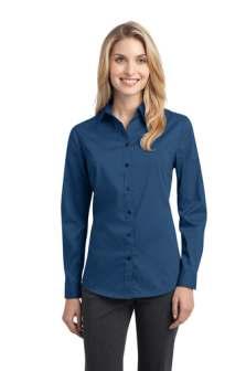 Open collar with Y shaped slim placket, front and back darts, notched cuffs. XS-4XL LADIES 3/4 SLEEVE BLOUSE L6290 4.5 oz.