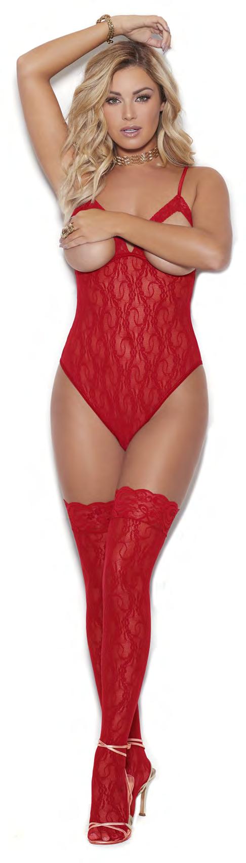 Hose 14 13005 Cupless stretch lace teddy and matching thigh hi s with lace top.