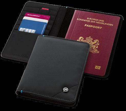 The travel wallet stores credit cards, papers, change and has several other functional pockets. Packed in a Marksman gift box.