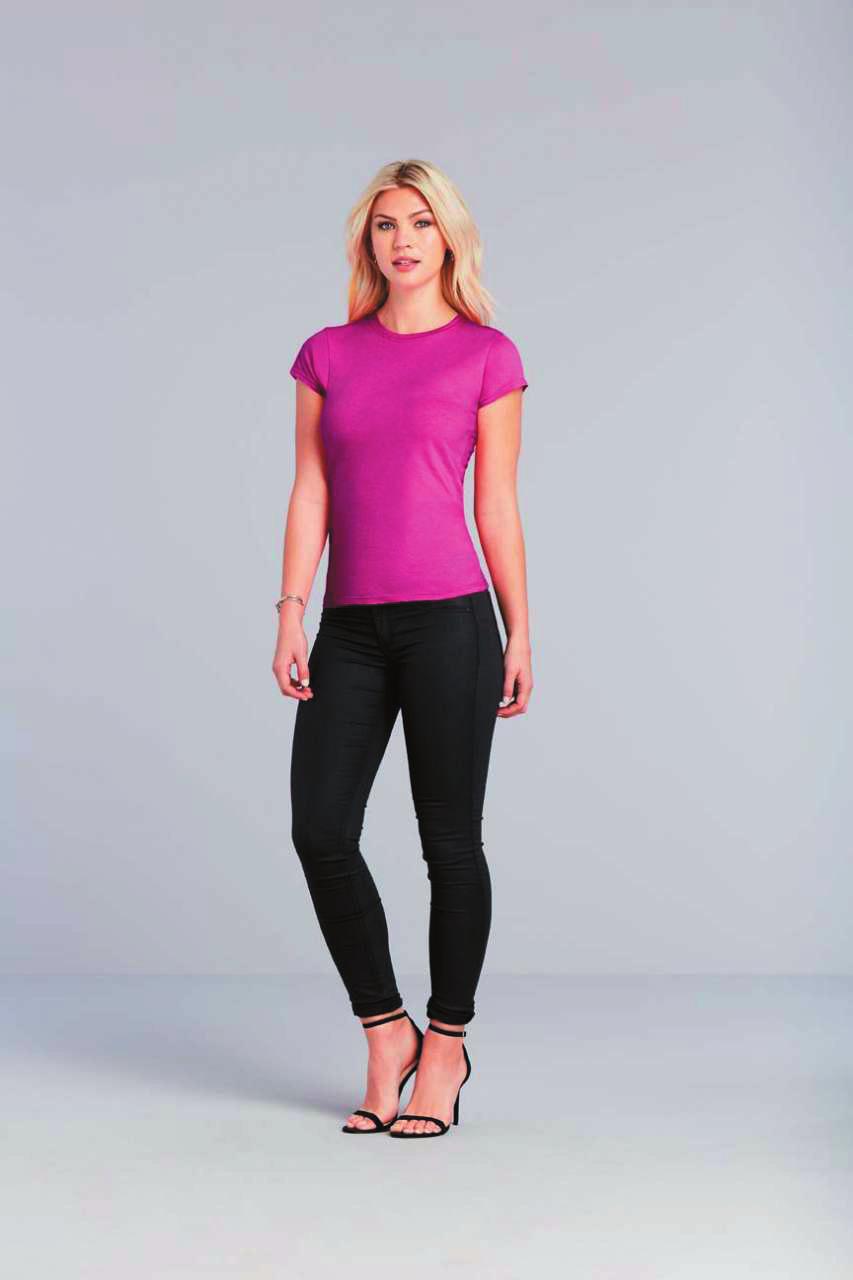 GIL64000 - SOFTSTYLE LADIES' T-SHIRT GIL64000 SOFTSTYLE LADIES' T-SHIRT 153.0 G/SqM (White 144.0 G/SqM) 100% Ring Spun Cotton 30/1 Fitted silhouette with side seam Seamless twin needle 1.