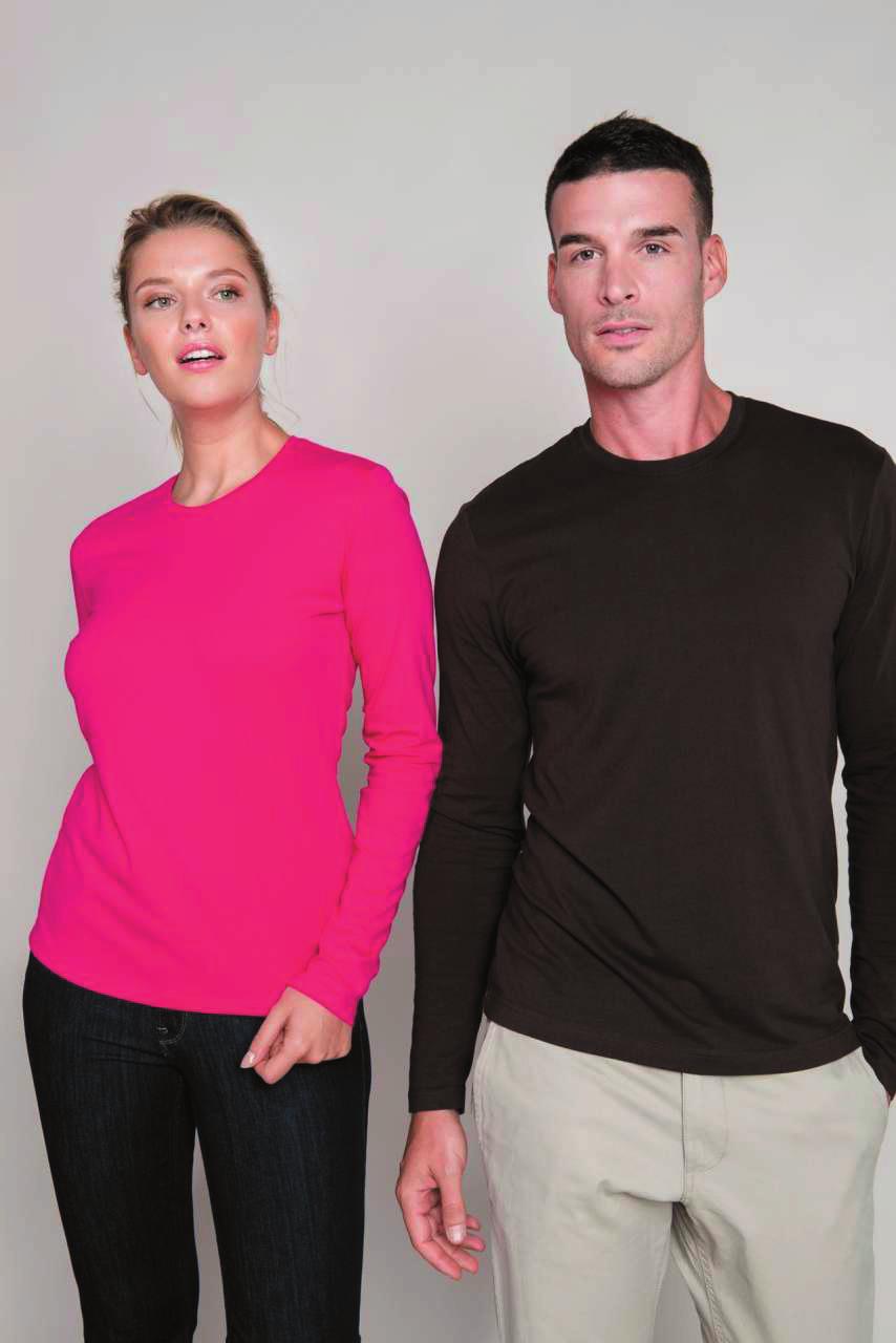 KA383 LADIES' LONG SLEEVE CREW NECK T-SHIRT 100 % Cotton enzyme washed for extra soft hand feel (Oxford Grey : 90% Cotton / 10% Viscose). Feminine fit.