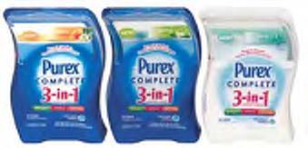 PUREX COMPLETE 3-IN-1 LAUNDRY SHEETS Purex Complete 3-in-1 Laundry Sheets simplify the process. Say goodbye to separate products, measuring, bulky bottles, spills, and messes.