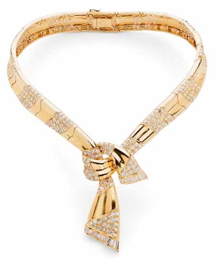 18 34 A contemporary diamond set necklace of articulated design, modelled as a tied ribbon, the alternating panel links graduated round