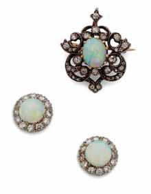 old round and rose cut diamonds, the bale set with three rose cut diamonds 400-600 46 A pair of opal and diamond set pendant earrings each claw set with a circular opal cabochon in a single border of