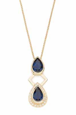 28 61 A sapphire and diamond set pendant necklace collet set with a pear cut sapphire, above an angular motif suspending a