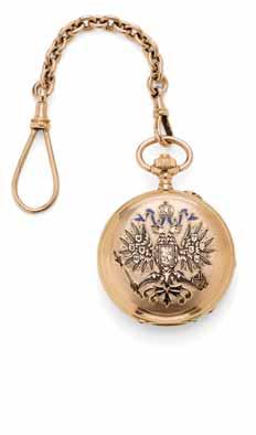 Watches 101 PAVEL BURE (Paul Buhre) A Russian gold and enamel cased small pocket watch the hunting case with the Imperial double headed eagle in black and blue enamel, white dial with Roman numerals