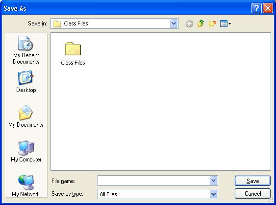 Saving Files in the ADMIN System 1. Click File, Save As. In the File window, locate and click Desktop. Double-click the Class Files folder to open. 2. Click Save.