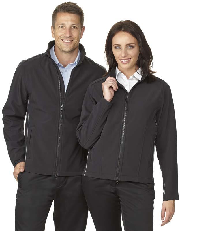 WATER RESISTANT > > WATER-RESISTANT > > 100% WINDPROOF > > PU MEMBRANE > > BREATHABLE PERFORMANCE FABRIC > > STRETCH COMFORT GL8500 MEN S SOFT SHELL JACKETS > > 3-layer fabric: 86% polyester, 14%