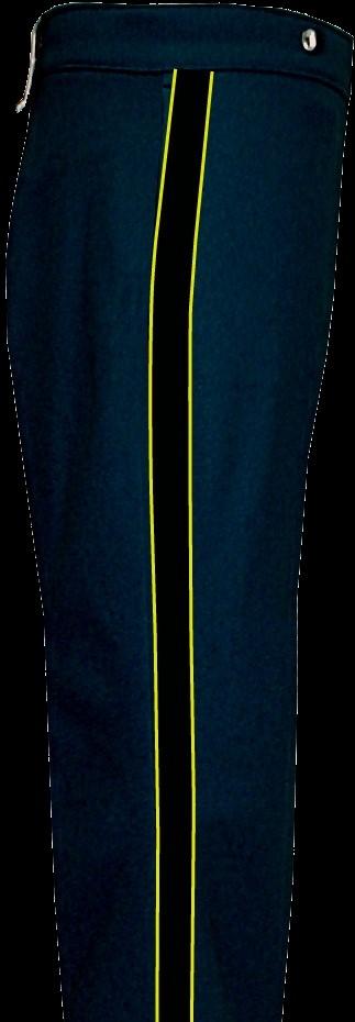 The trouser adopted (shown at right) was dark blue wool and used by all ranks of officers and enlisted men of that branch. The 1-1/2 black wool stripe is edged with yellow cord piping.