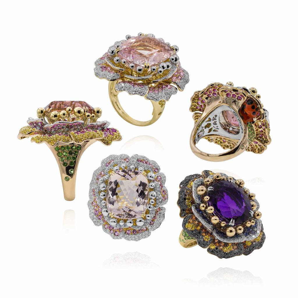(Far left and top right) Ring in 18K rose, white and yellow gold set with white diamonds (0.48 carat), yellow diamonds (0.88 carat), pink sapphires (1.97 carats), tsavorites (0.63 carat) and one 14.