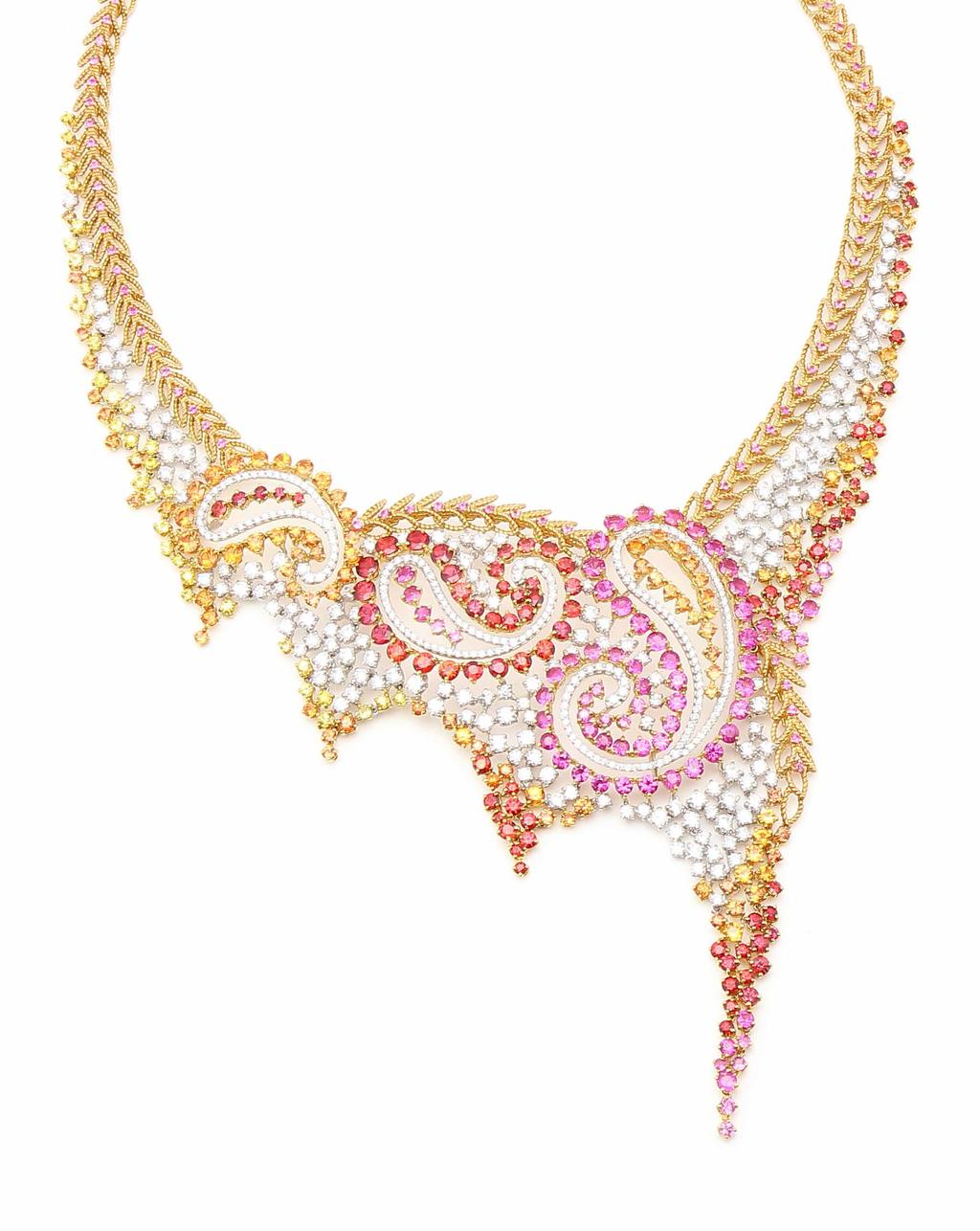 Necklace in 18K yellow gold set with round brilliant-cut diamonds (13.38 carats), orange sapphires (11.16 carats), pink sapphires (12.17 carats), red sapphires (11.21 carats), and yellow sapphires (2.