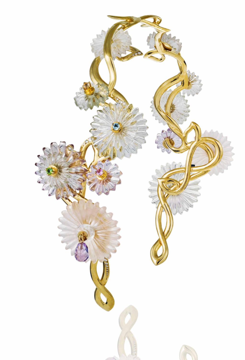 Summer Snow Hair Jewel in 18K gold vermeil plated silver, set with white diamonds, hand carved amethyst, green amethyst, cloudy rose quartz, rose quartz and rock crystal, with central morganite,