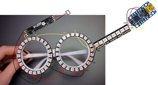 Circuit Diagram You can create a design by chaining NeoPixel rings, sticks, strips, and jewels to your heart's content. These party glasses use two 24x NeoPixel rings and two NeoPixel sticks.