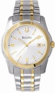 98H18E Bulova Bracelet Men's Watches. Silver dial. Curved crystal. Stainless steel case and bracelet. Fold-over buckle. Water resistant to 30 meters/100 feet. Approximate case diameter/width 36mm.