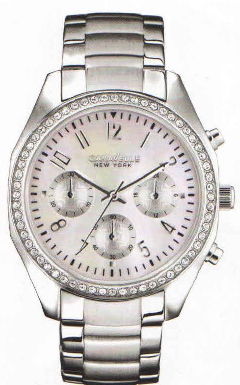 43L159 From the Bulova Caravelle Ladies Crystal Collection. Chronograph. Mother-of-pearl dial.