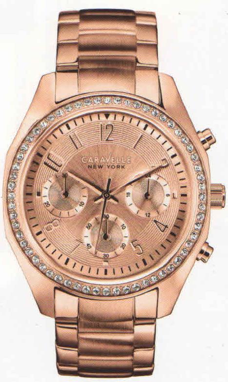 44L117 From the Bulova Caravelle Ladies Crystal Collection. Chronograph. Rose gold. Fold-over buckle. Stainless steel band. Fold over buckle.