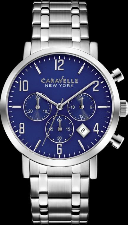 Chronograph in stainless steel with patterned blue dial, calendar, small sweep, double-press fold-over clasp, and water resistance to 30 meters.