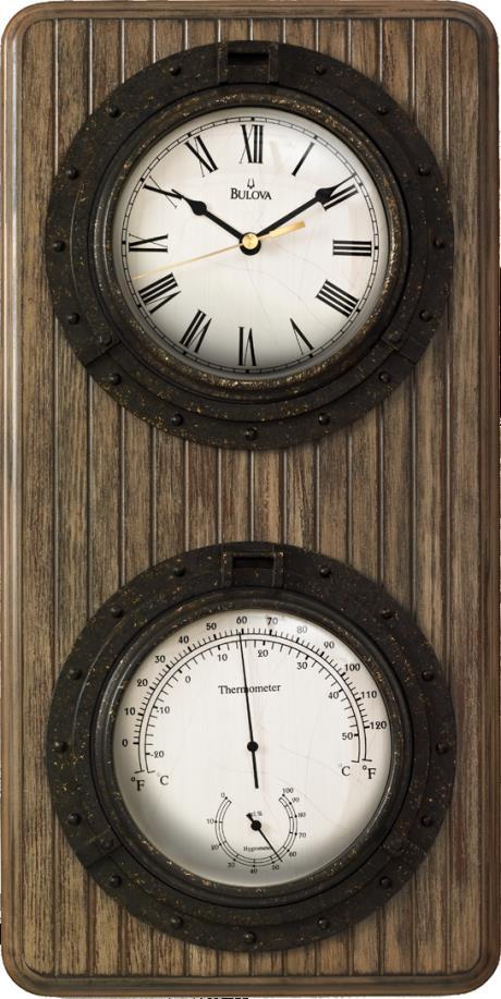 C3734 MONTEREY. Wainscoting panel wood case. Antique coffee finish. Includes clock, thermometer with Fahrenheit and Celsius scales, and hygrometer. Protective glass lens. 3 x.