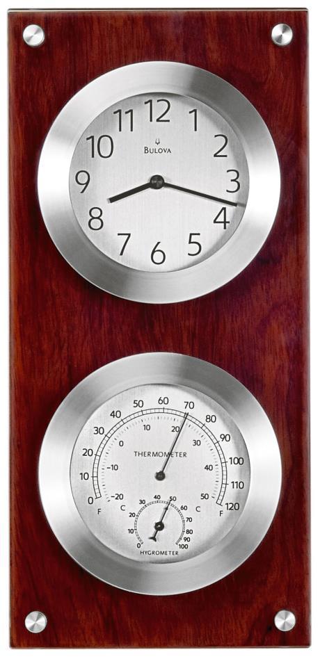 Includes clock, thermometer with Fahrenheit and Celsius scales, and hygrometer. Raised protective glass panel. 3 inch x.75 inch engraving plate included. H: 14.5 inch W: 7 inch D: 1.