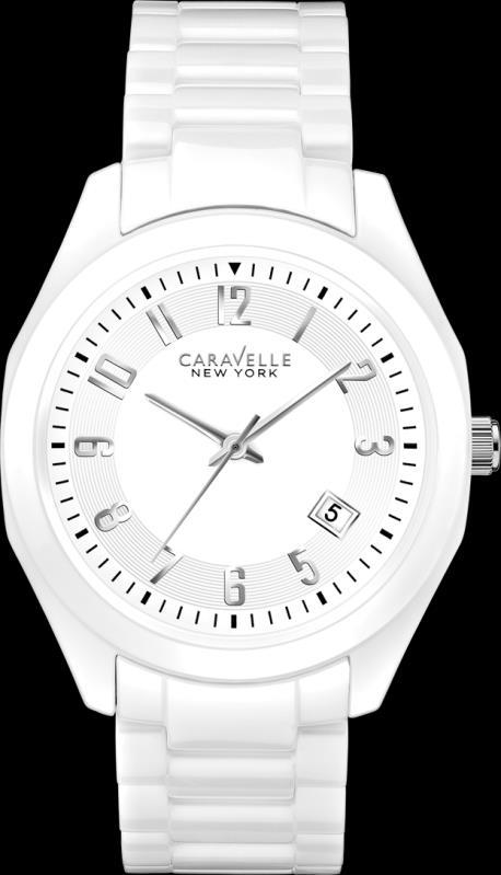 In white ceramic with patterned white dial, calendar, second hand, four-screw caseback, doublepress fold-over clasp, and water
