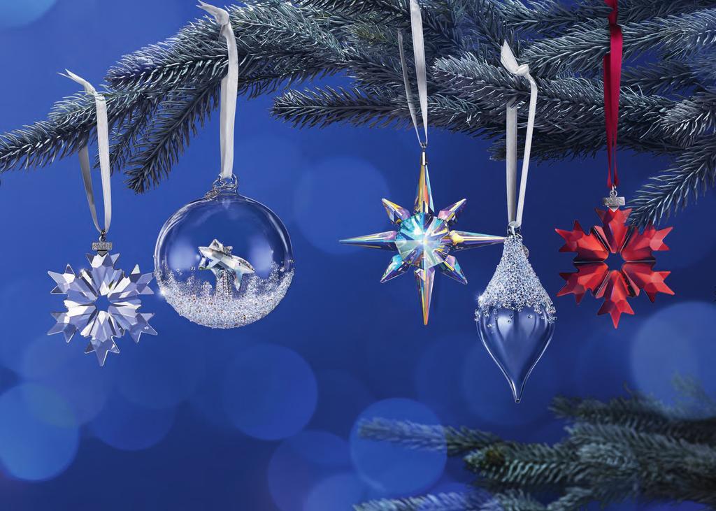 LEFT TO RIGHT Annual Edition Ornament 2018, 5301575, $90 Christmas Ball Ornament, Annual Edition 2018, 5377678, $119 Star Ornament, Crystal AB, 5403200, $119 Christmas Ornament, 5398390, $75 Holiday