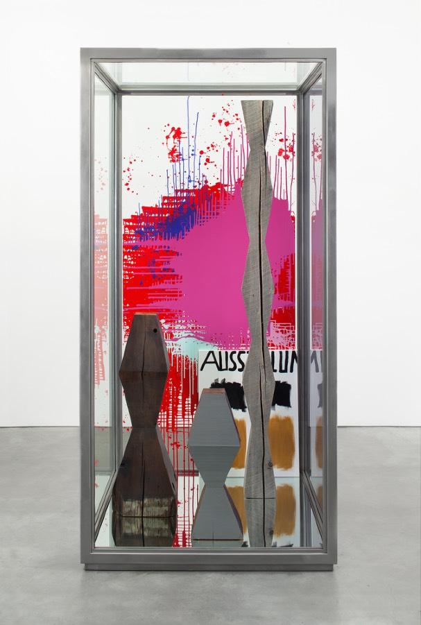 Theory of Progress, 2013 Acrylic on wood, acrylic on Plexiglass, and pigment print on anodized aluminum in stainless steel and glass vitrine 247.