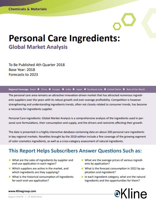 Personal Care Ingredients 2018: Global Market Analysis THE PROGRAM WILL COME AS TWO KEY DELIVERABLES: A fully interactive database and a set of concise report per region covered for each ingredients