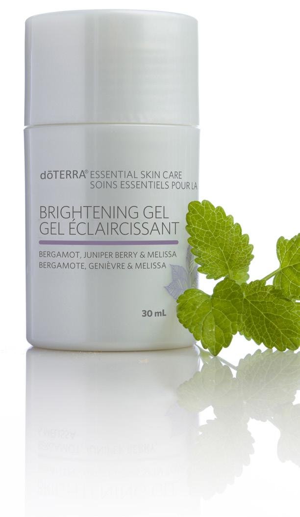 BRIGHTENING GEL essential oils of BERGAMOT, JUNIPER BERRY, and MELISSA Naturally sourced extracts, vitamins, and cutting-edge ingredient technologies combine with CPTG essential oils of FCF Bergamot,