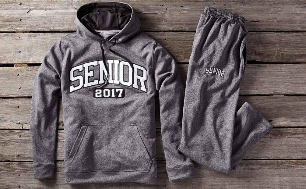 SENIOR PERFORMANCE WEAR 2 1 1. PREMIUM PERFORMANCE PULLOVER HOODIE: Unisex. Graphite polyester performance fleece hoodie with black hood liner and matching drawstring. Tackle Twill appliqué.