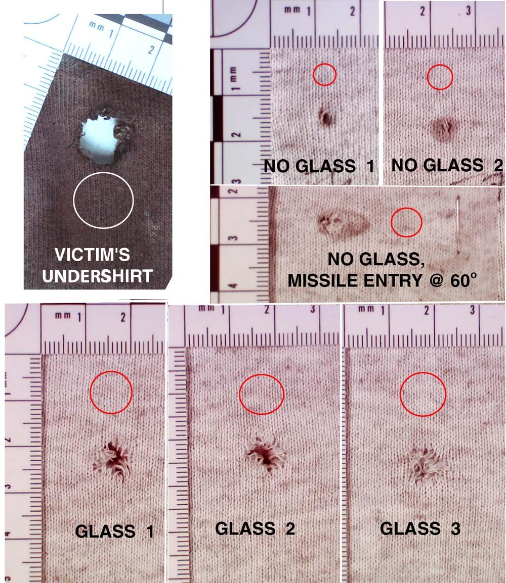 The bullet hole in the victim s shirt compared to test fabric of the same type to show that the bullet hole in the victim s is more than twice as large as a hole made by a.