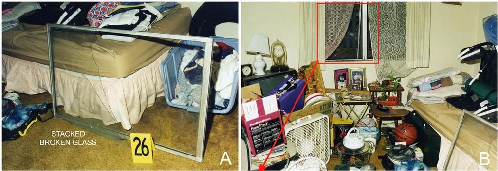 2 Figure 1. The second bedroom/stroeroom and its window. A: The broken window removed from its frame and positioned against the bed, likely by the victim.
