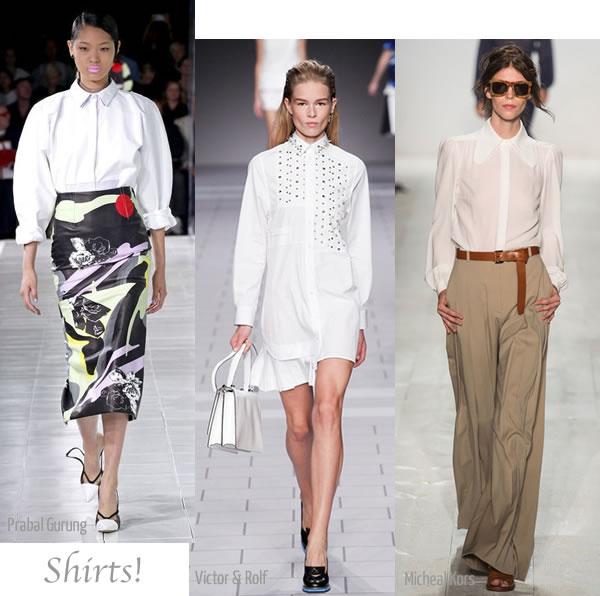 Bring on the Shirts The classic button down shirt was featured in many collections. Often slightly oversized and resembling a man s skirt, this trend is very chic when worn with wide trousers.
