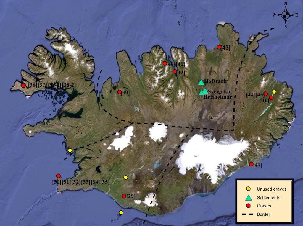 Tracing Paths Combs from Iceland Figure 13: Map of Iceland, showing the three settlements and all of the graves containing combs, with reference to the catalogue. Map taken from google.