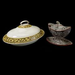Creamware Oval Covered Dish, with Spode Pearlware Covered Sauce Tureen with "Etruscan" Pattern with Classical Vases Alternating with Figural Vignettes. Dish impressed "Spode 70" on bottom.