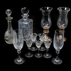 50 459 Lot with Cordial Glasses and Decanters, Candlestands.