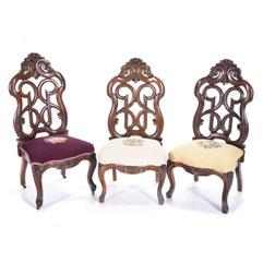 00 528 Set of Six Charles II Carved Walnut Chairs. Crests carved with Grape Leaves and Bunches, Central Bird.