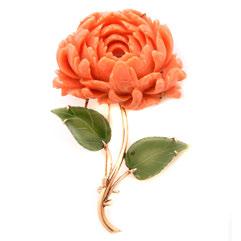 61 *Coral, Nephrite, 14k Rose Gold Peony Brooch.