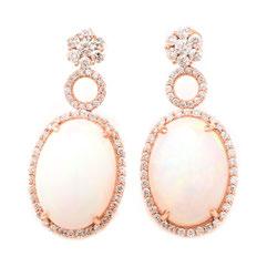 81 Pair of Opal, Diamond, 14k Rose Gold Earrings. Each featuring one oval shaped opal cabochon weighing approximately 9.90 cts., accented by full-cut diamonds weighing a total of approximately 0.
