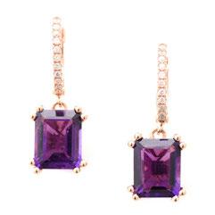 105 Pair of Amethyst, Diamond, 14k Rose Gold Earrings. Each featuring one emerald-cut amethyst weighing approximately 3.10 cts., accented by full-cut diamonds weighing a total of approximately 0.