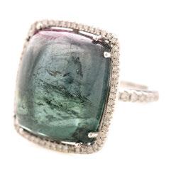 125 Parti-Colored Tourmaline, Diamond, 18k White Gold Ring. Featuring one rectangular shaped parti- colored tourmaline cabochon weighing approximately 20.00 cts.